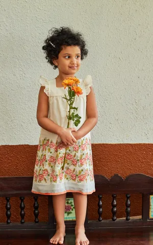 A CLASSIC KASAVU COTTON HAND BLOCK PRINTED  COMFORTABLE DRESS WITH RUFFLED SLEEVES