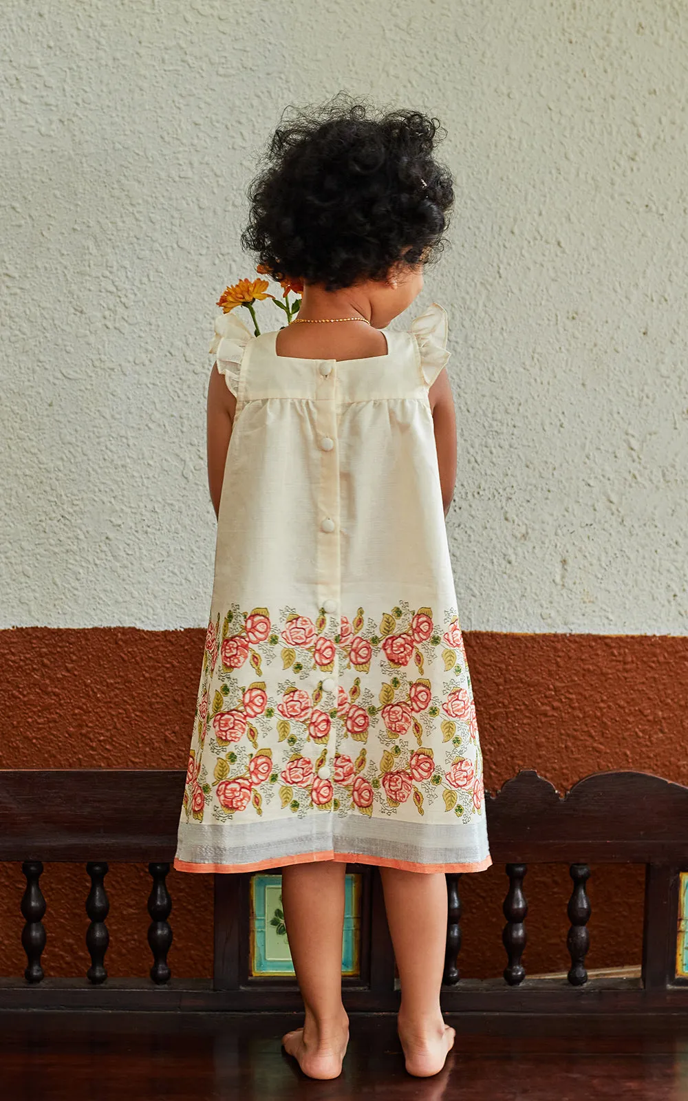 A CLASSIC KASAVU COTTON HAND BLOCK PRINTED  COMFORTABLE DRESS WITH RUFFLED SLEEVES