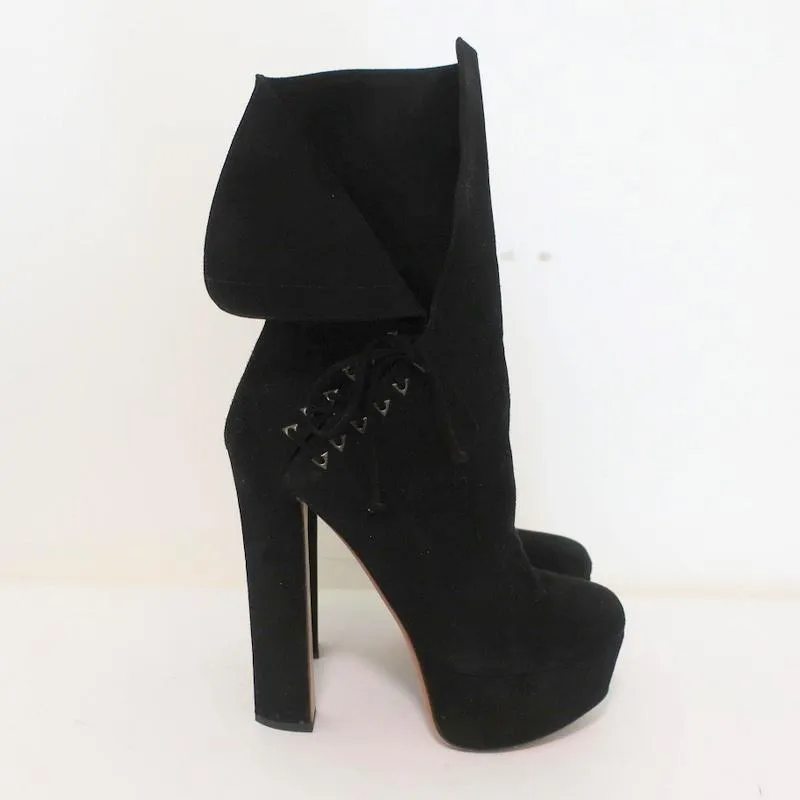 Alaia Lace-Up Platform Boots Black Suede Size 37.5