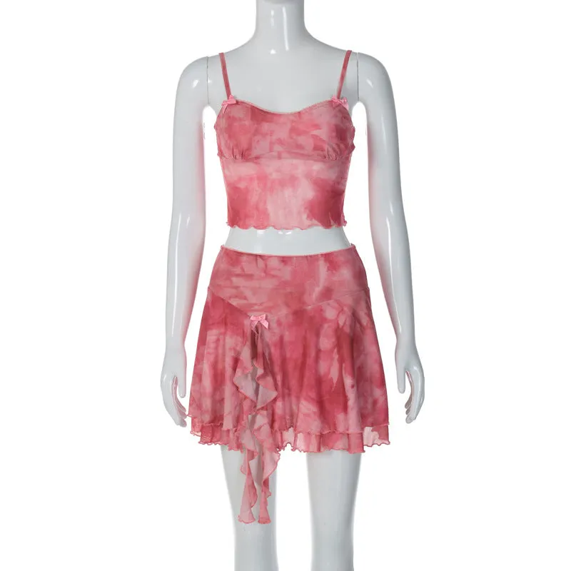 AliExpressinsStyle New European and American Women's Clothing Fashion Printed Sling Vest Stitching Wooden Ear Pink Short Skirt Suit
