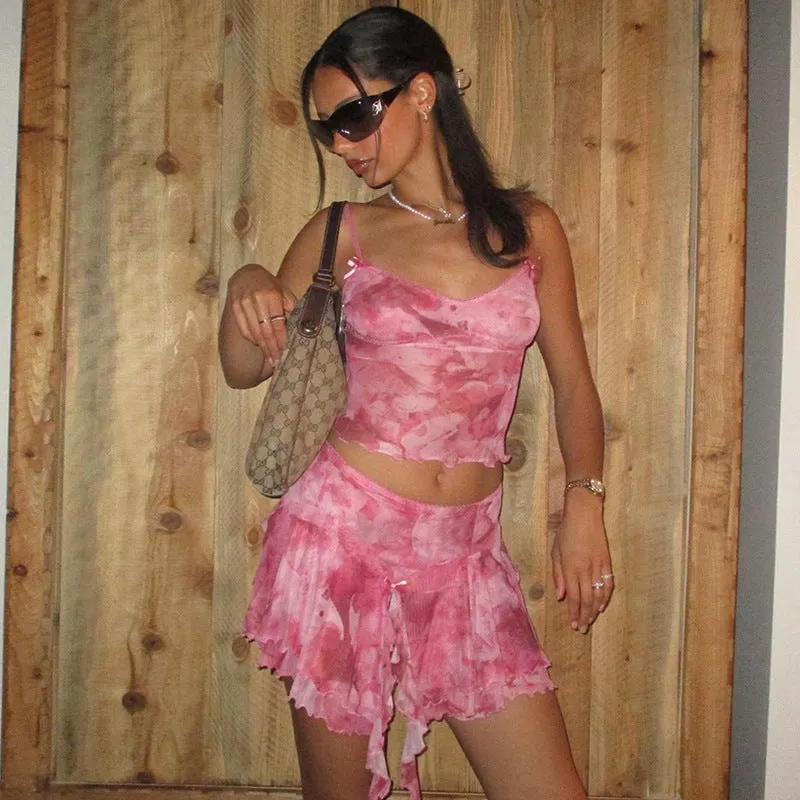 AliExpressinsStyle New European and American Women's Clothing Fashion Printed Sling Vest Stitching Wooden Ear Pink Short Skirt Suit