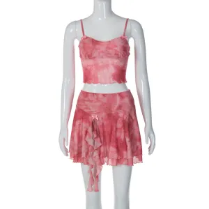 AliExpressinsStyle New European and American Women's Clothing Fashion Printed Sling Vest Stitching Wooden Ear Pink Short Skirt Suit