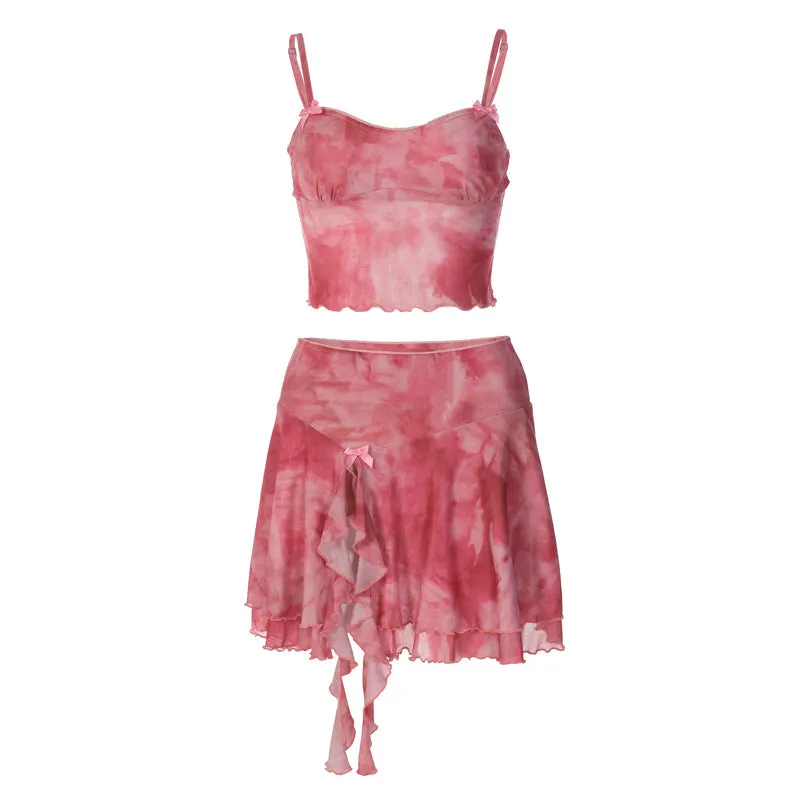 AliExpressinsStyle New European and American Women's Clothing Fashion Printed Sling Vest Stitching Wooden Ear Pink Short Skirt Suit