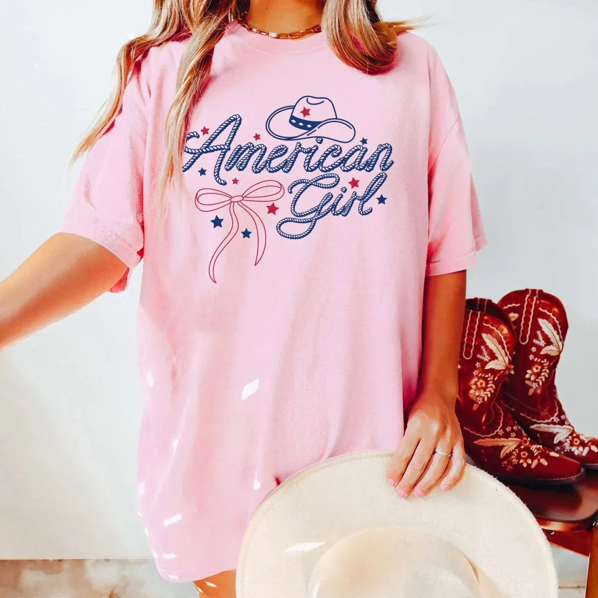 American Girl Hat and Bow Graphic T-Shirt