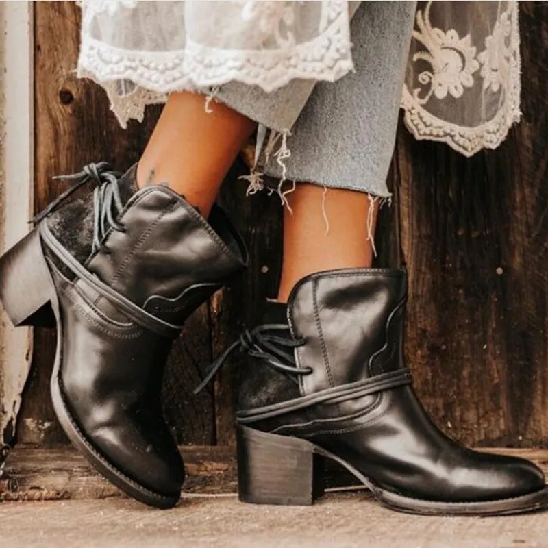 Ankle Boots Plus Size Women Retro High Heels | Block Heel Shoes For Female Flock Buckle Strap | Short boots woman shoes