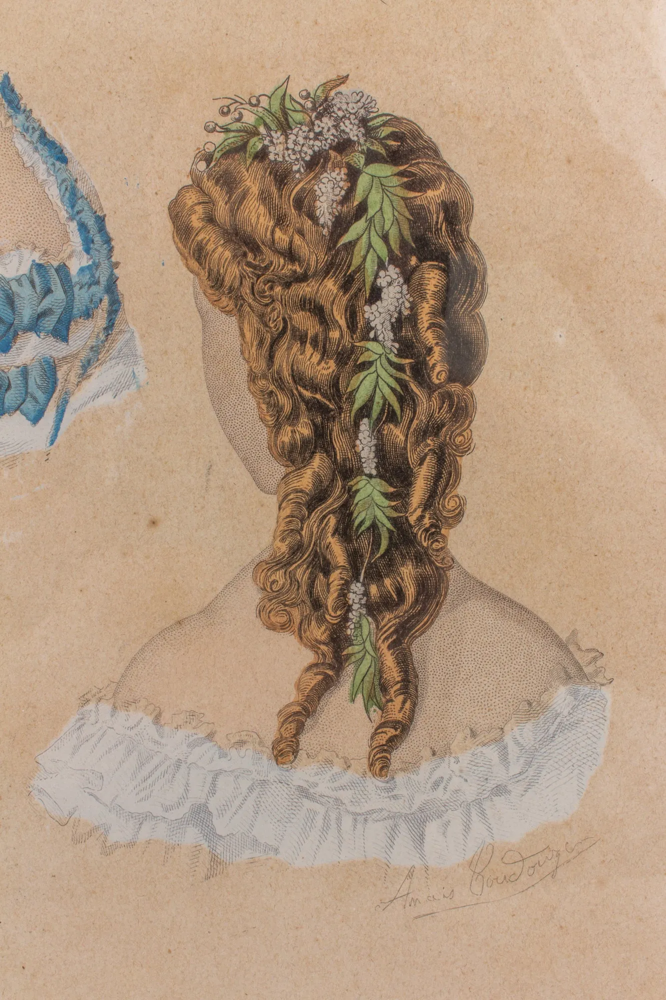 Antique French Hairstyle Fashion Print in Frame