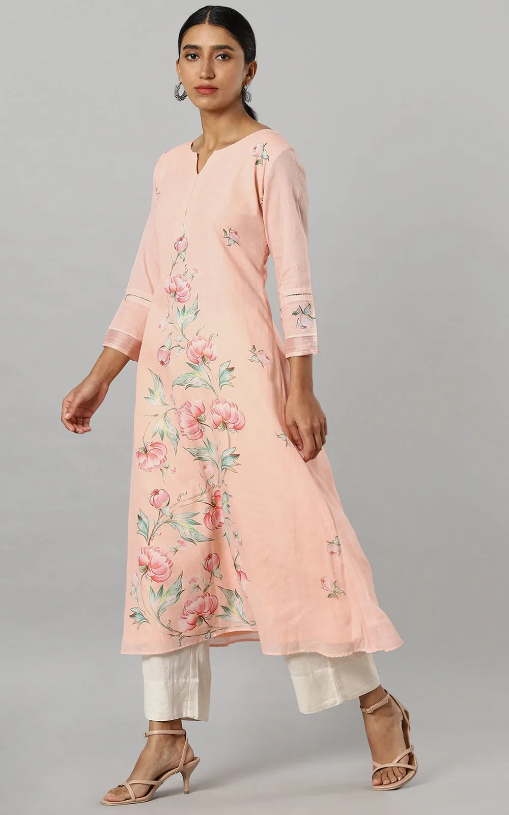 APRICOT  PEONY COTTON YOKE KURTA