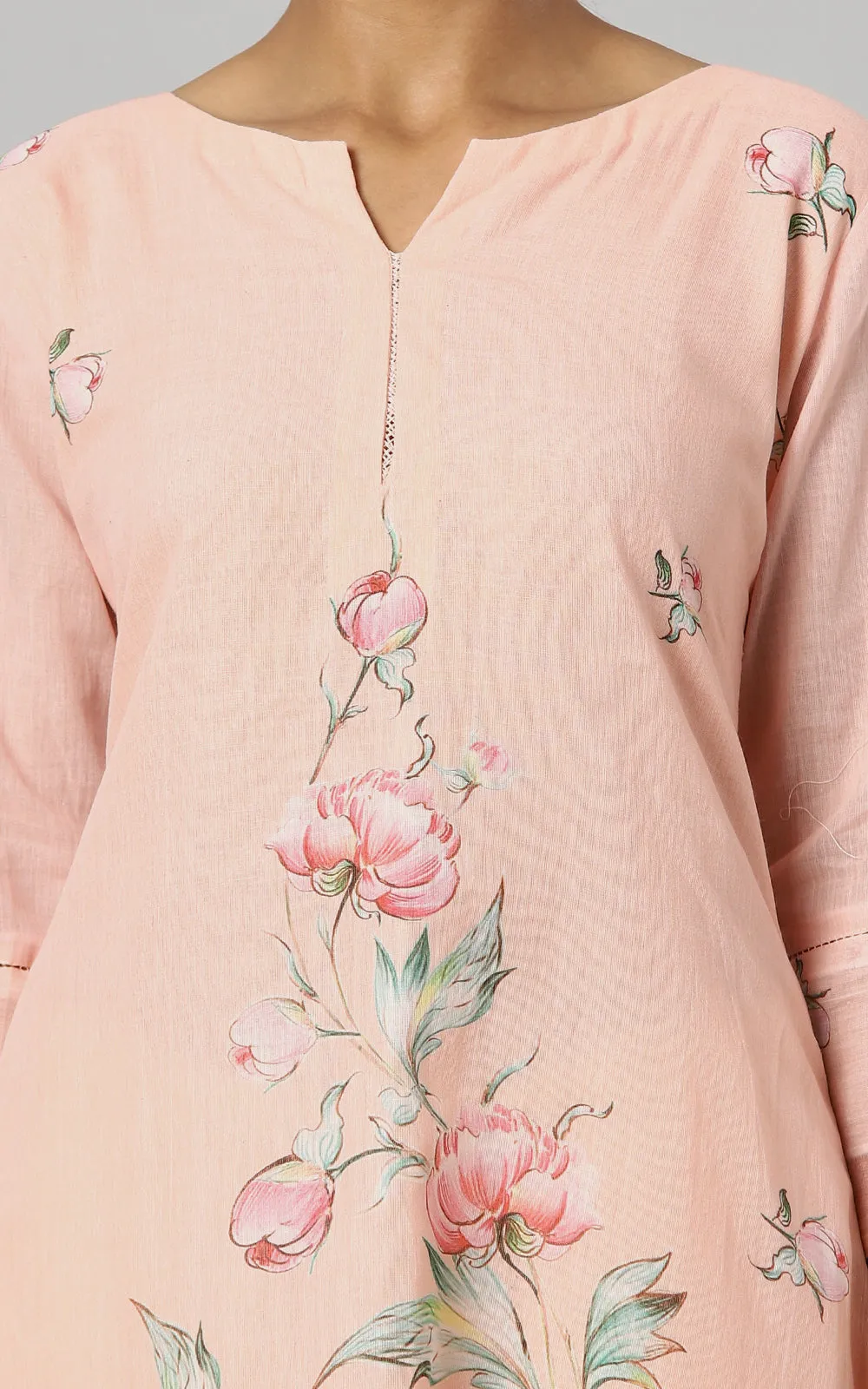 APRICOT  PEONY COTTON YOKE KURTA