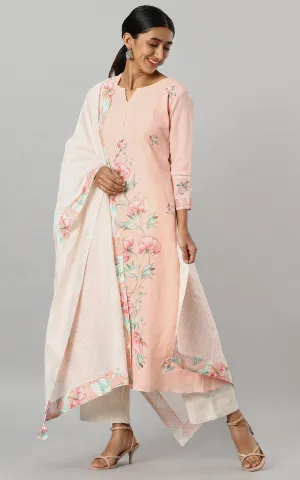 APRICOT  PEONY COTTON YOKE KURTA