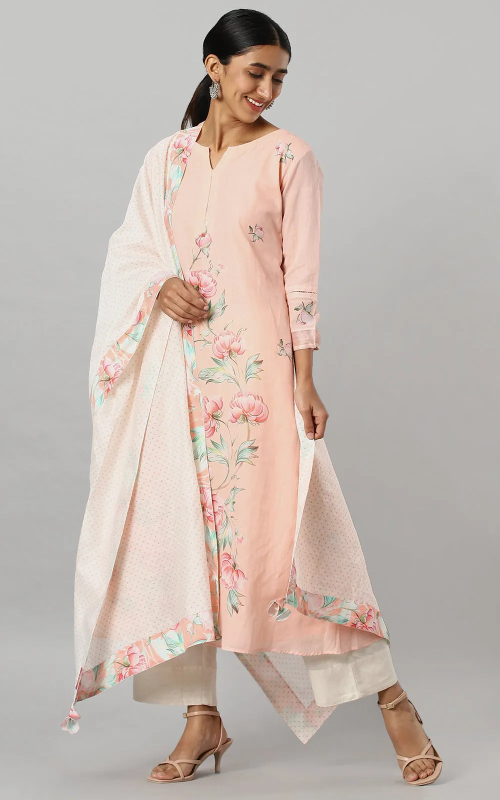 APRICOT  PEONY COTTON YOKE KURTA