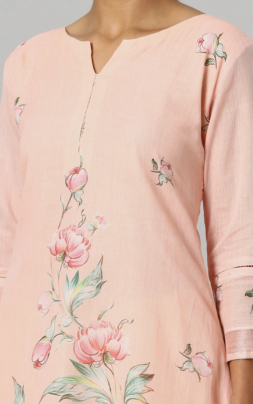 APRICOT  PEONY COTTON YOKE KURTA