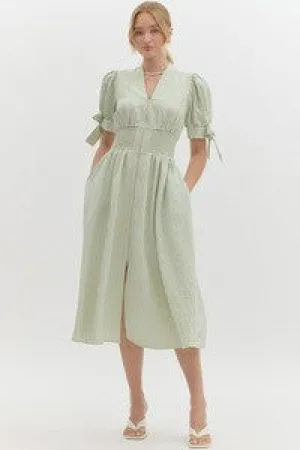 Aria Zip Front Bow Sleeve Midi Dress in Sage