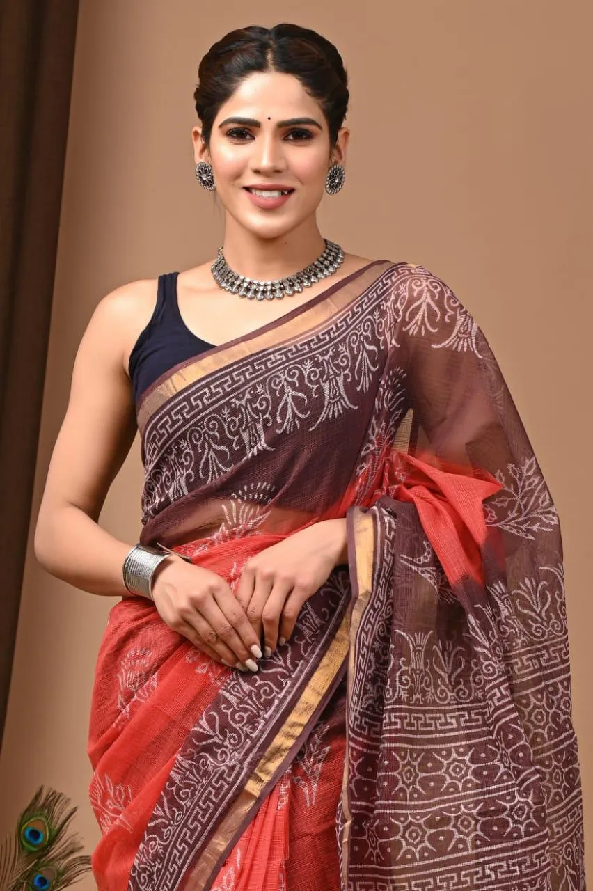Authentic Floral Red Traditional Kota Doriya Print Saree