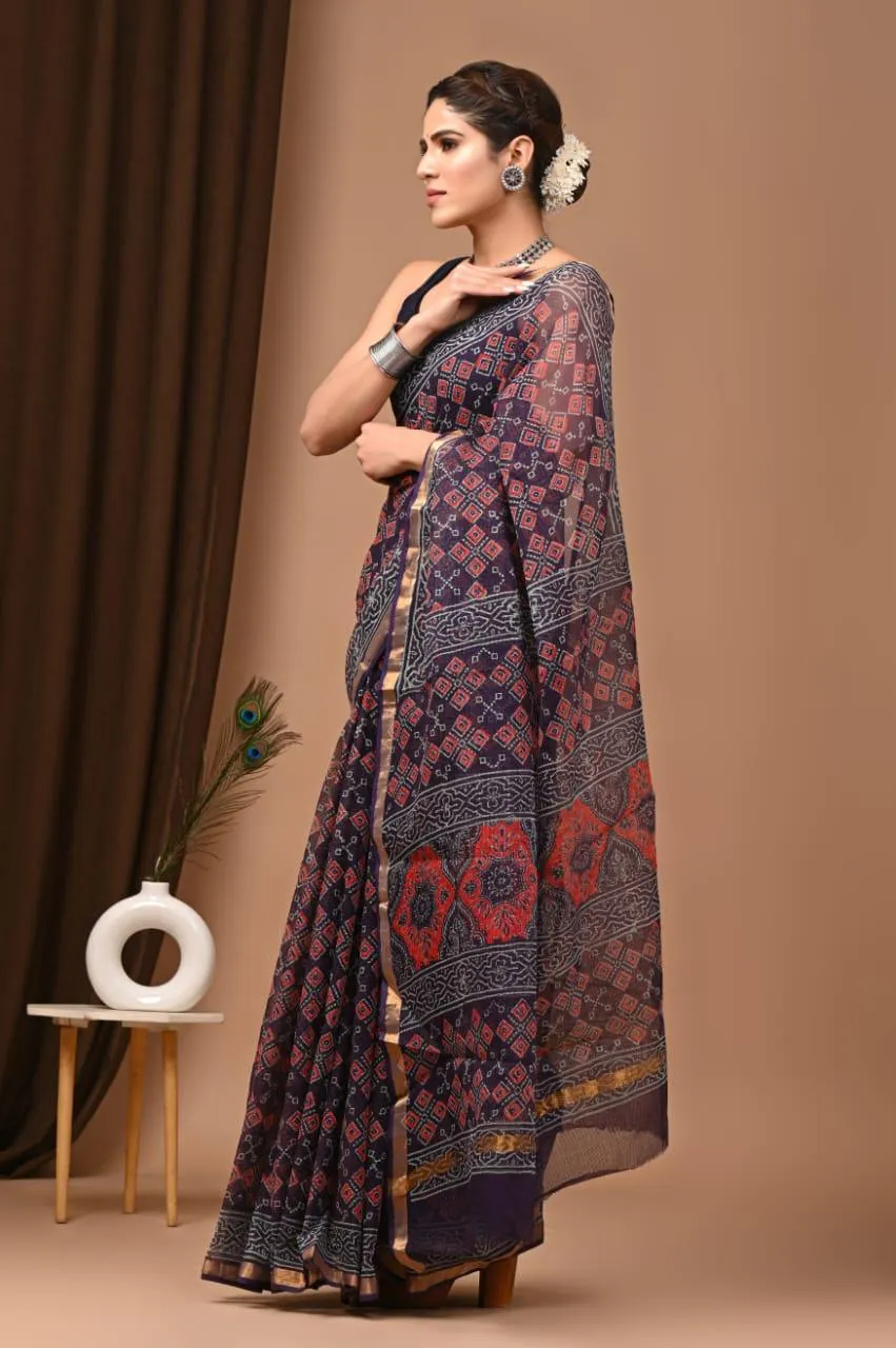 Authentic Ink Blue Traditional Kota Doriya Print Saree