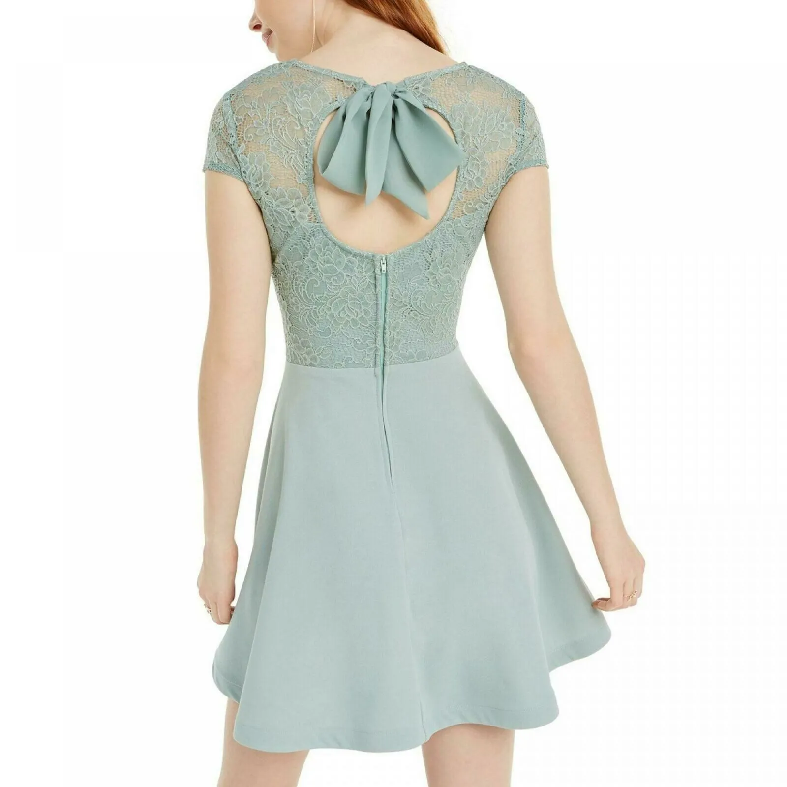 B. Darlin Women's Junior Fit Lace-Top A-Line Dress Sage Green 7/8