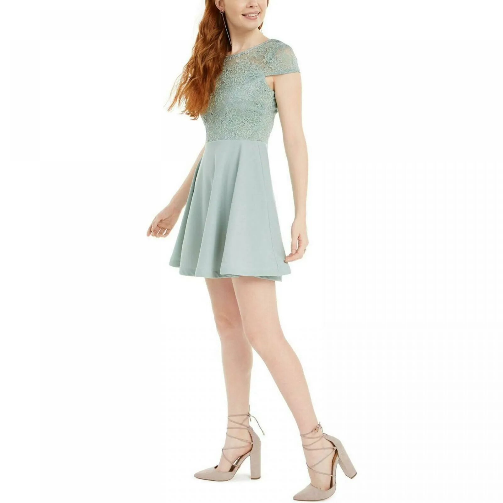 B. Darlin Women's Junior Fit Lace-Top A-Line Dress Sage Green 7/8