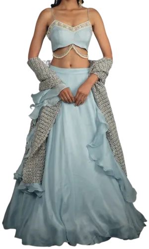 Baby Blue Beaded Lehenga with Hand Knitted Dupatta