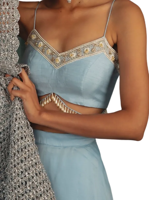 Baby Blue Beaded Lehenga with Hand Knitted Dupatta