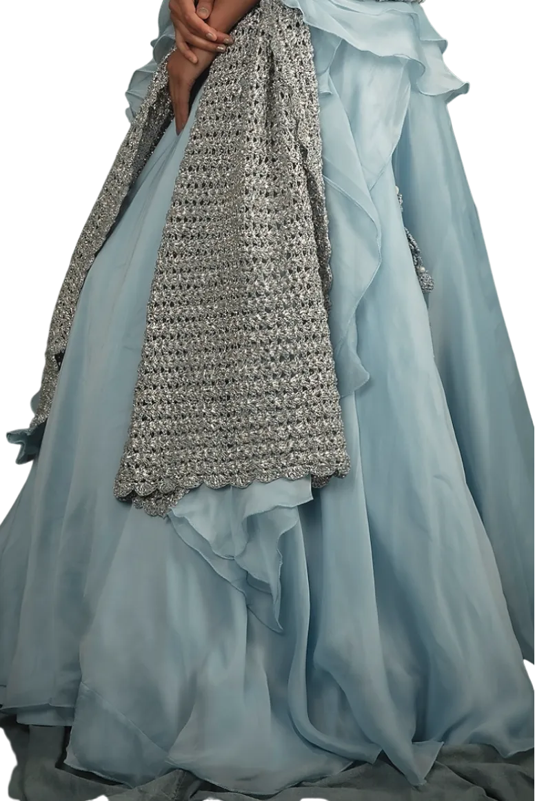 Baby Blue Beaded Lehenga with Hand Knitted Dupatta