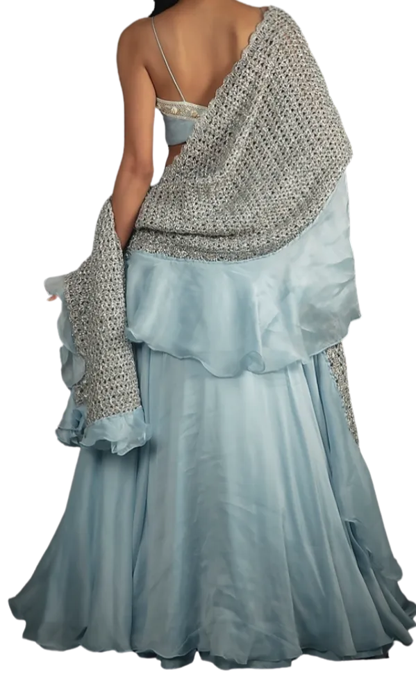 Baby Blue Beaded Lehenga with Hand Knitted Dupatta