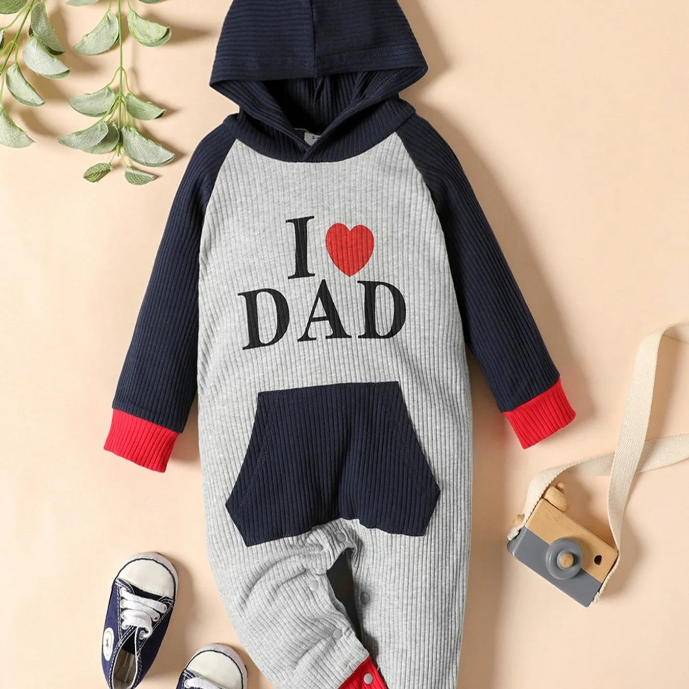 Baby Hooded Romper with Ribbed Letter Print
