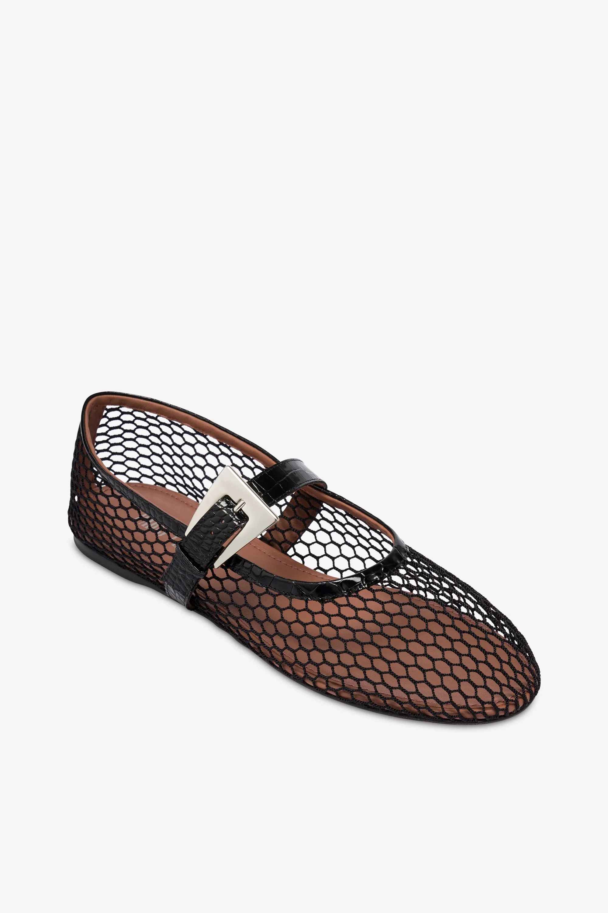 Ballet flats in black mesh and croco-embossed leather