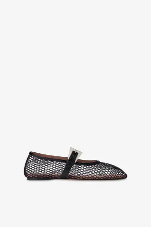 Ballet flats in black mesh and croco-embossed leather