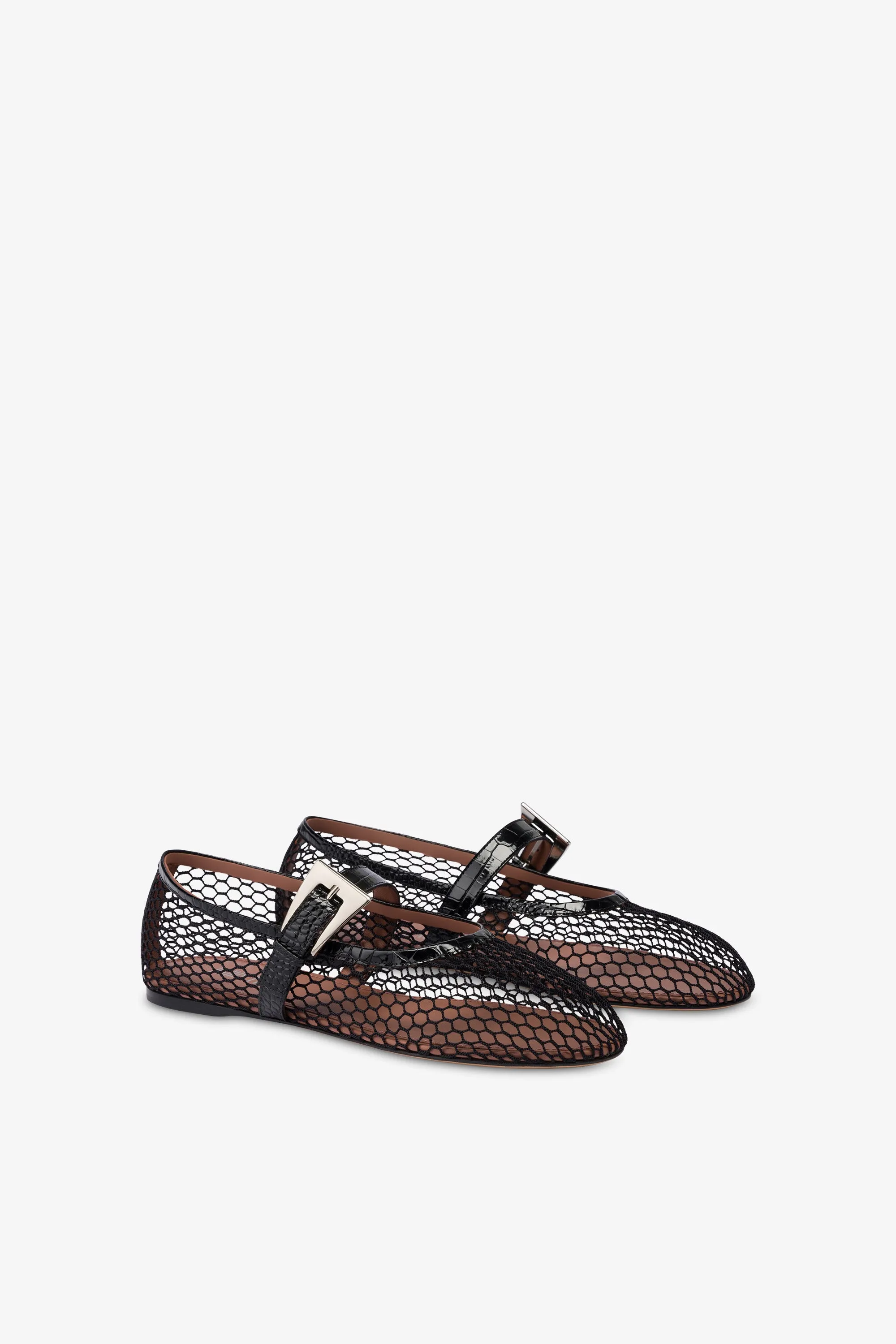Ballet flats in black mesh and croco-embossed leather