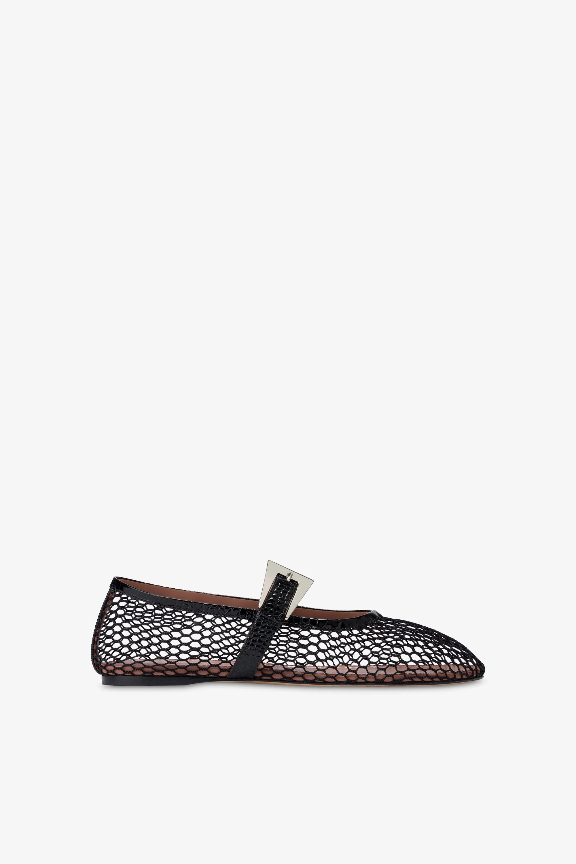 Ballet flats in black mesh and croco-embossed leather