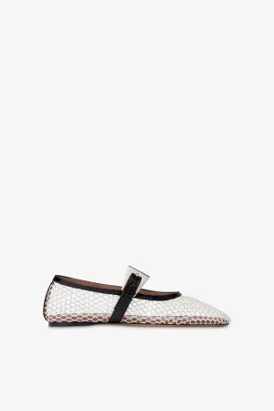 Ballet flats in white mesh and black croco-embossed leather