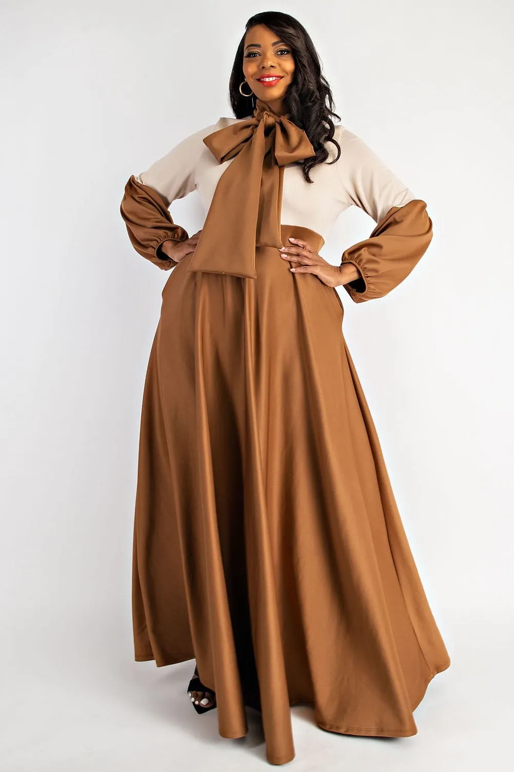 Balloon Sleeve Two Tone Dress