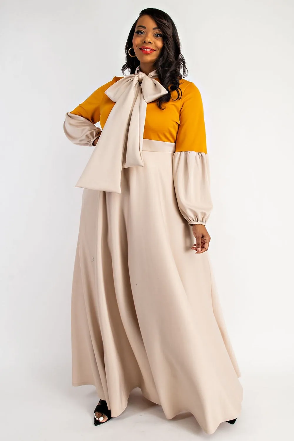 Balloon Sleeve Two Tone Dress
