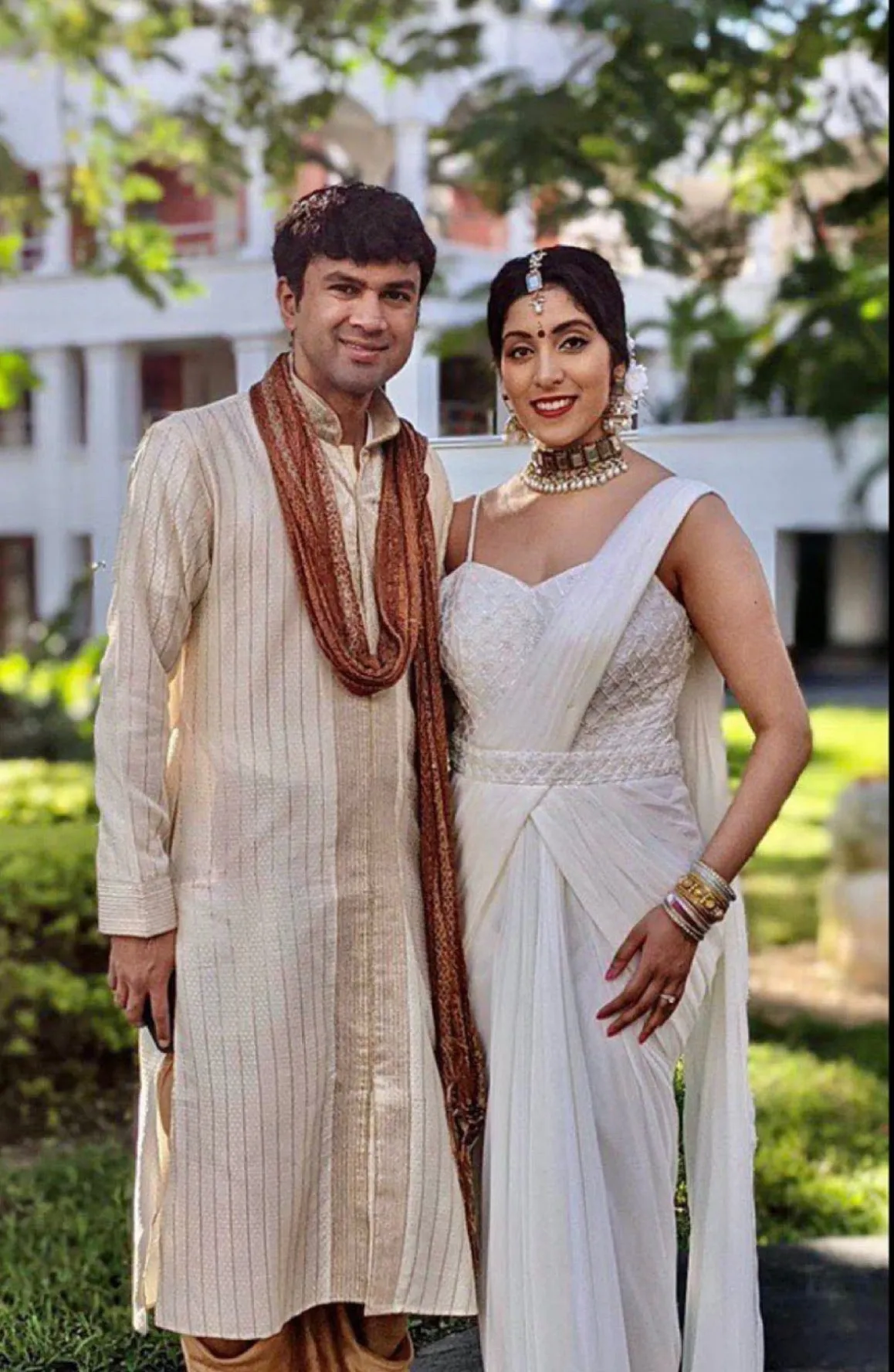 Beaded Ivory Pre-Draped Sari with Cape