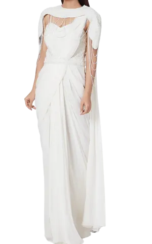 Beaded Ivory Pre-Draped Sari with Cape