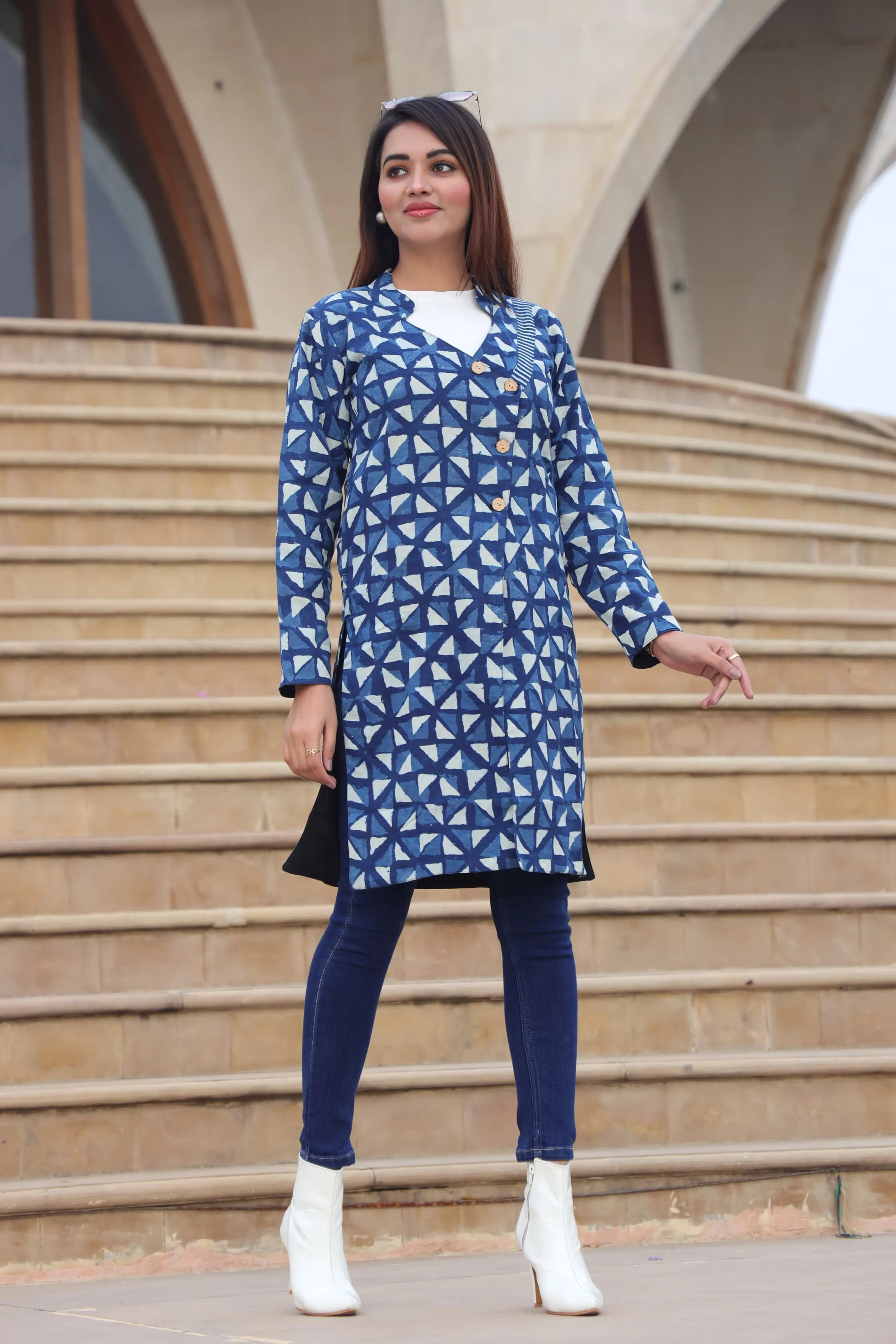 Beautiful Blue Bagru Hand Block Printed Pure Cotton Winter Jackets