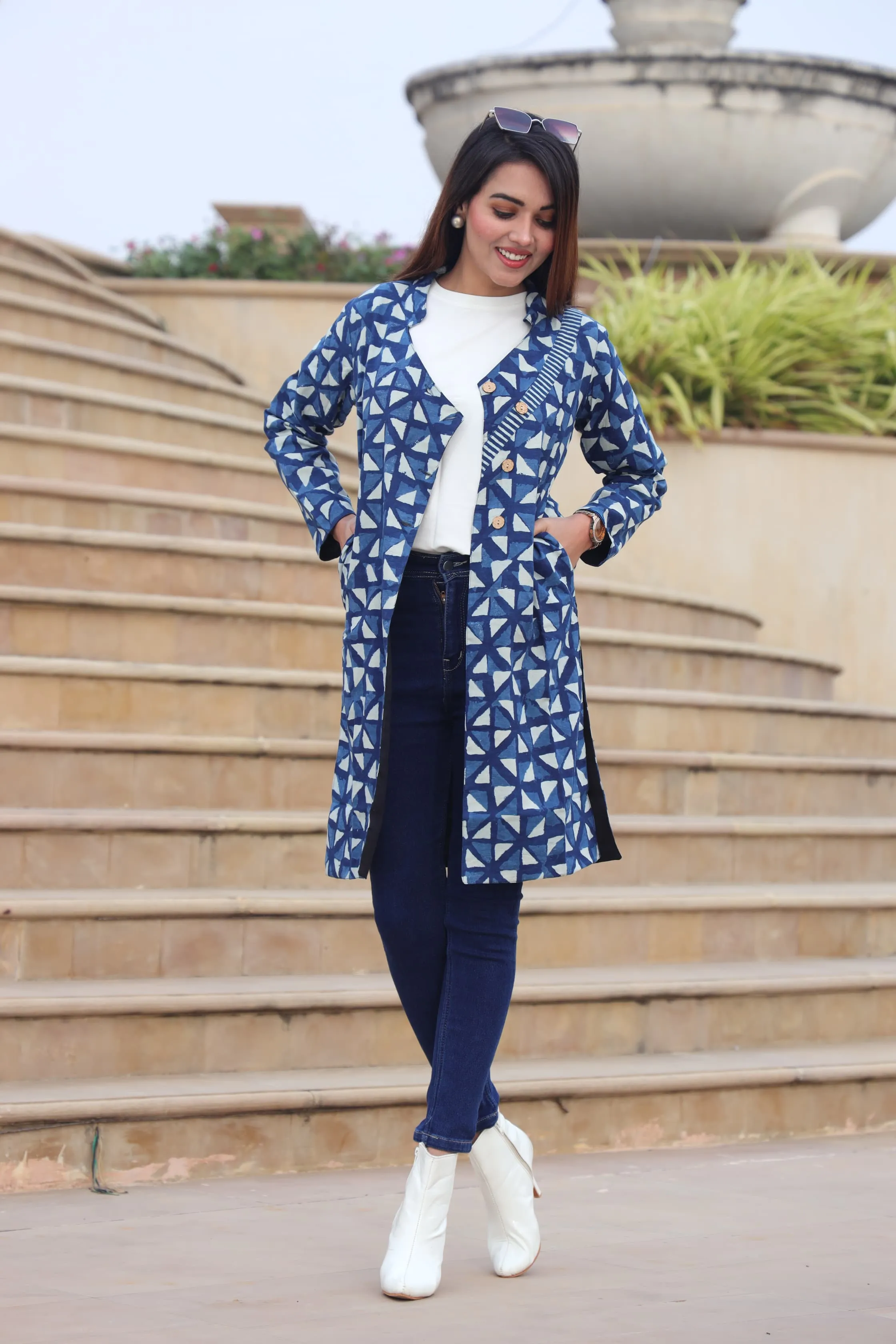 Beautiful Blue Bagru Hand Block Printed Pure Cotton Winter Jackets