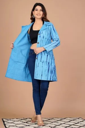 Beautiful Blue Pure Cotton Quilted Reversible Print Long Jackets