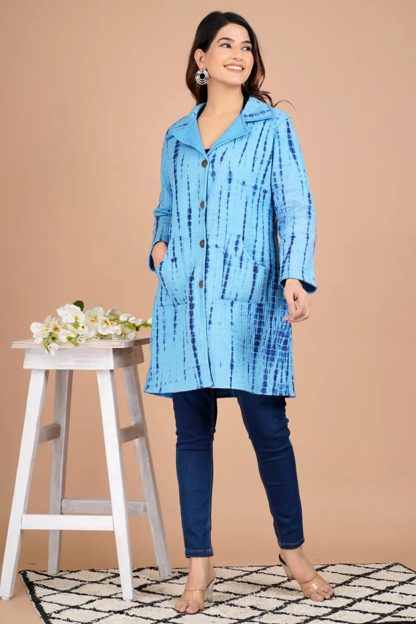 Beautiful Blue Pure Cotton Quilted Reversible Print Long Jackets