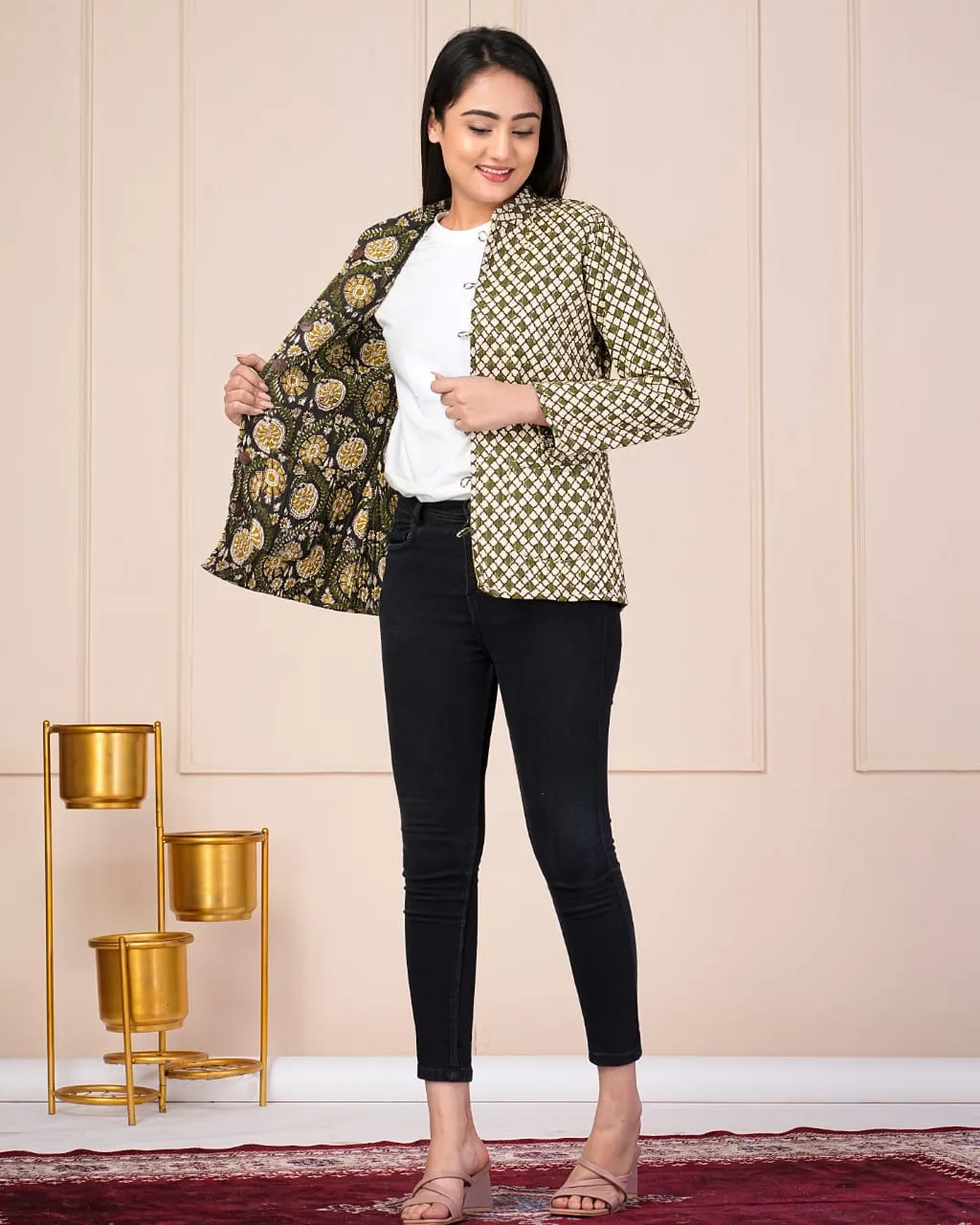Beautiful Brown & Green Pure Cotton Quilted Reversible Print Jackets