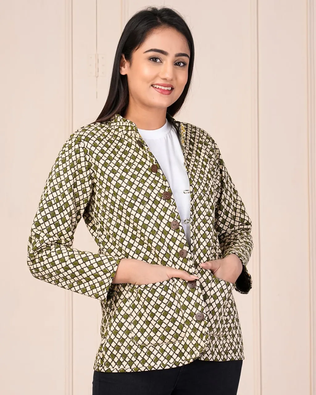 Beautiful Brown & Green Pure Cotton Quilted Reversible Print Jackets
