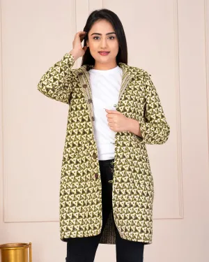 Beautiful Cream & Green Pure Cotton Quilted Reversible Print Long Jackets