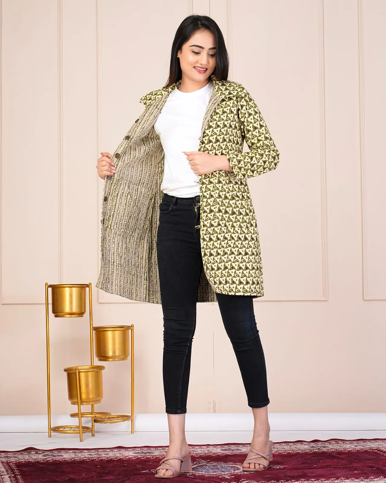 Beautiful Cream & Green Pure Cotton Quilted Reversible Print Long Jackets