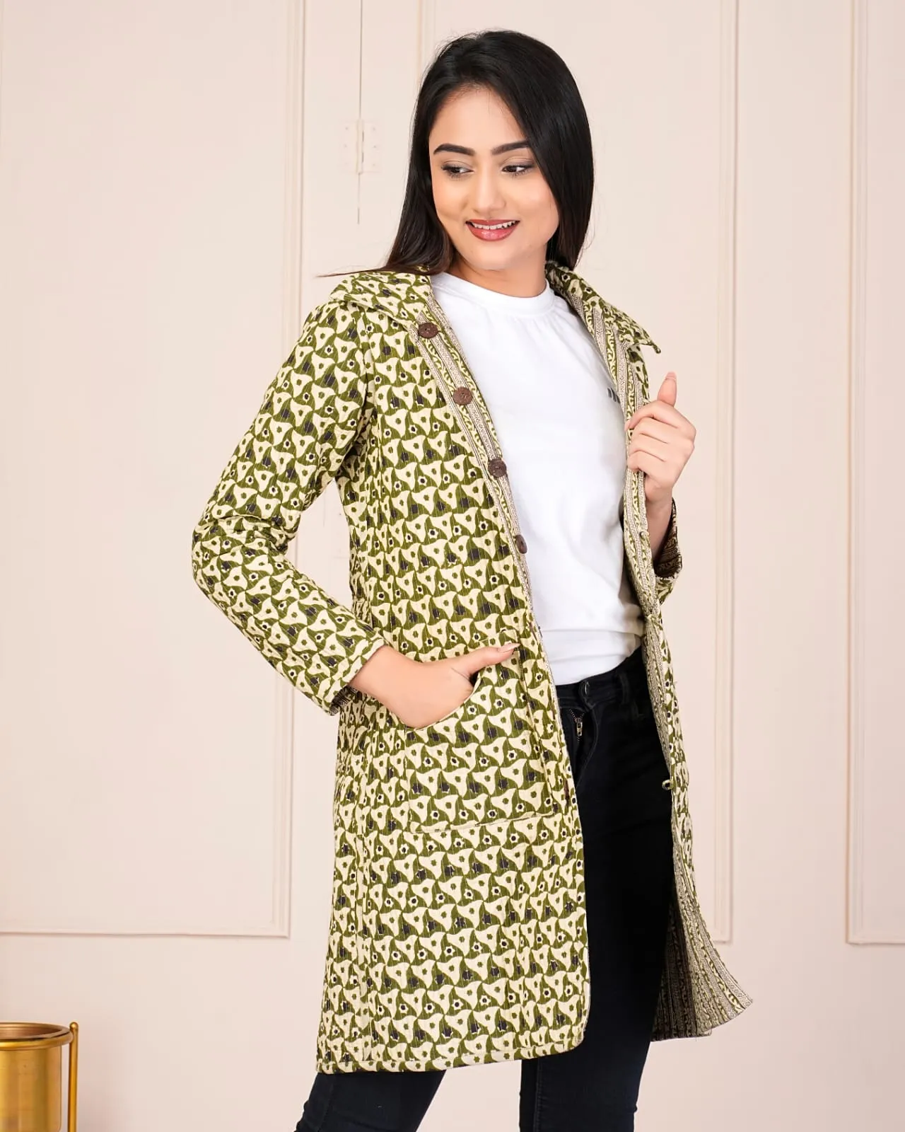 Beautiful Cream & Green Pure Cotton Quilted Reversible Print Long Jackets