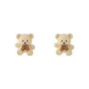 Beige & Silver-Plated Bear Stud Earrings