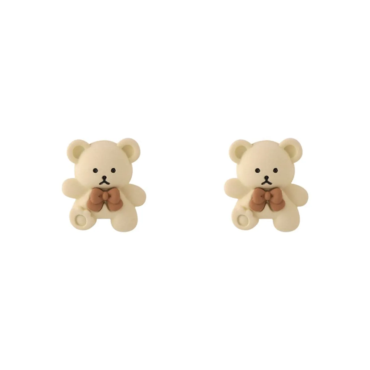 Beige & Silver-Plated Bear Stud Earrings
