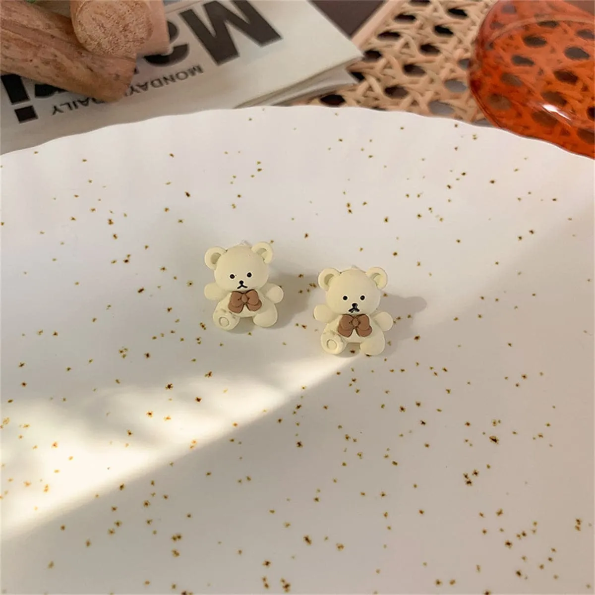 Beige & Silver-Plated Bear Stud Earrings