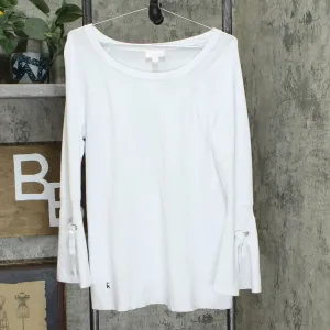 Belle by Kim Gravel Women's Feather Knit Bell Sleeve Sweater White Small