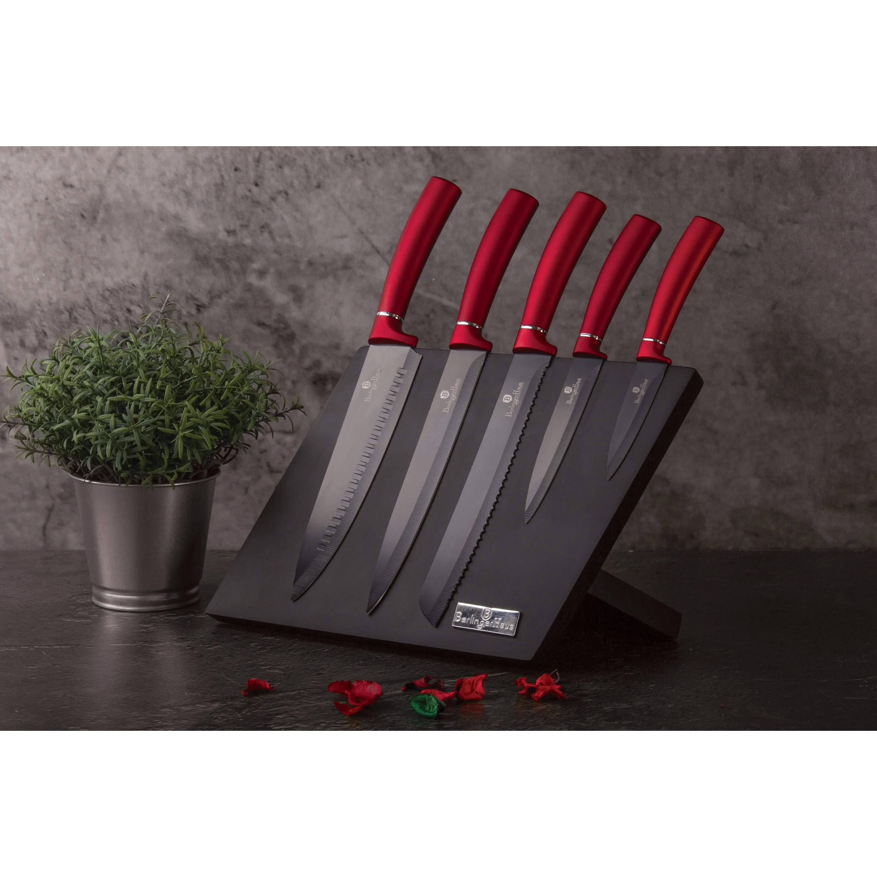 Berlinger Haus 6-Piece Knife Set with Magnetic Hanger, Burgundy Collection