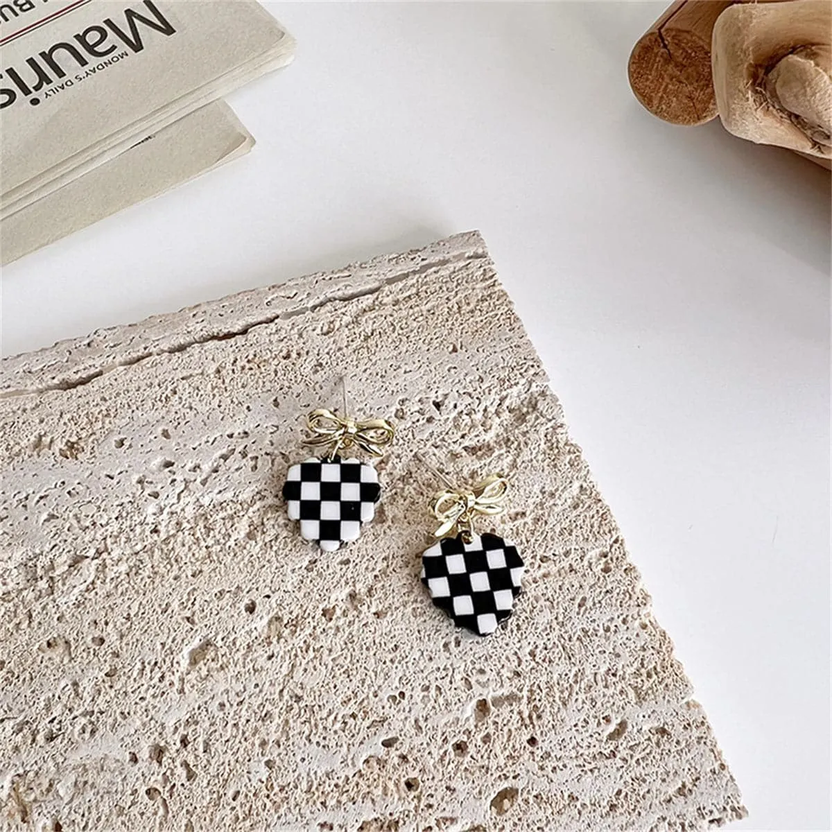 Black & White Acrylic Checkerboard Bow Heart Drop Earrings