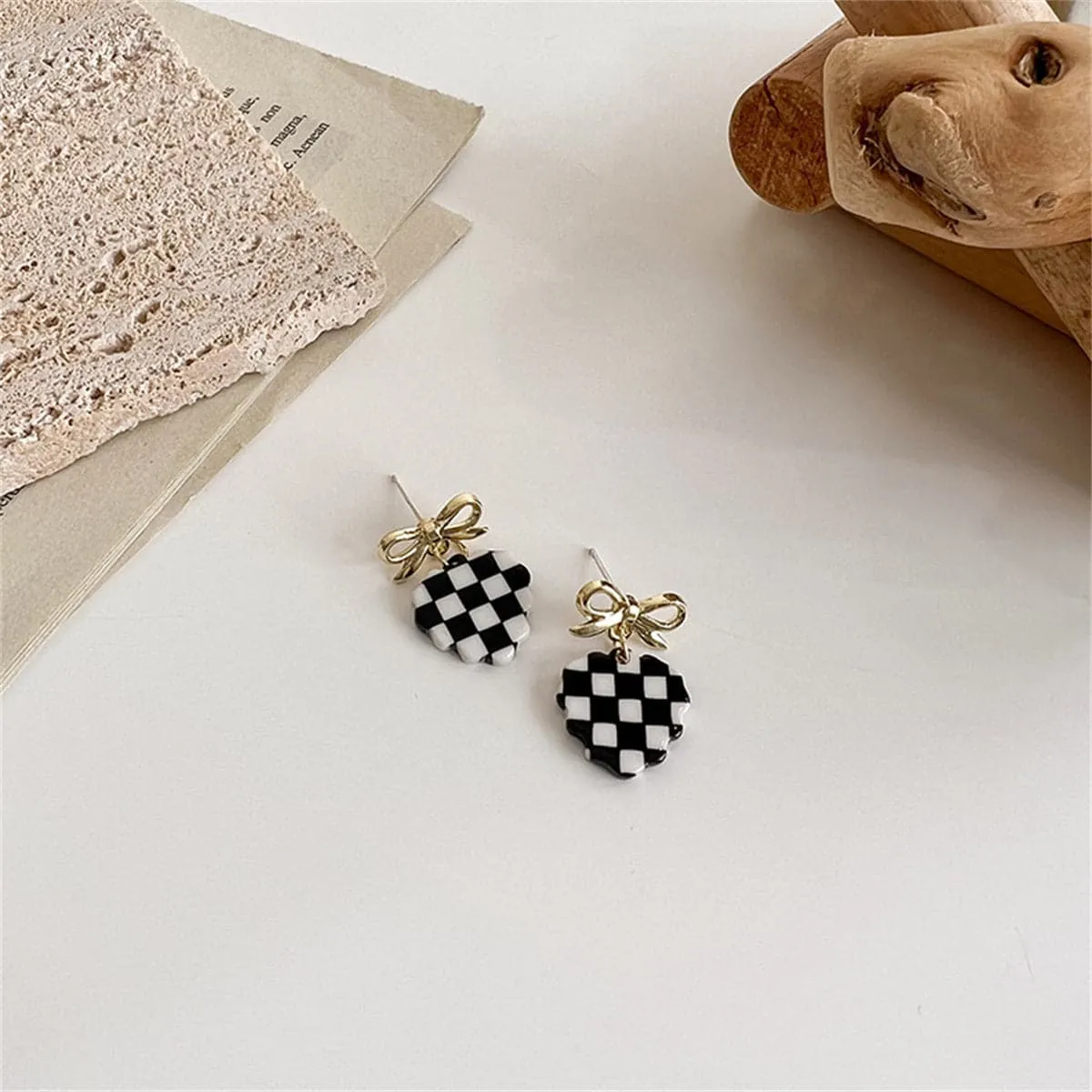 Black & White Acrylic Checkerboard Bow Heart Drop Earrings